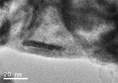 Imatge de TEM (Transmission Electron Microscopy) dels nanofils de FeCO 3 al material bionanohíbrid.